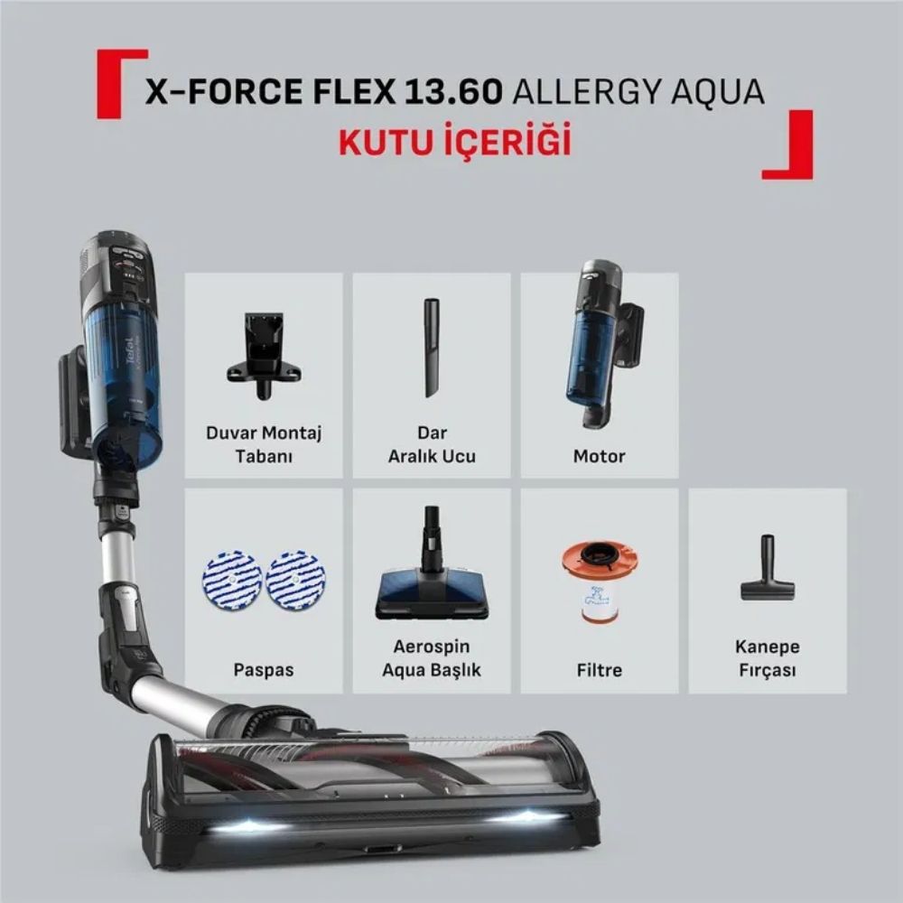 Tefal X-Force Flex 13.60 Allergy Aqua TY9AC Aerospin Şarjlı Dikey