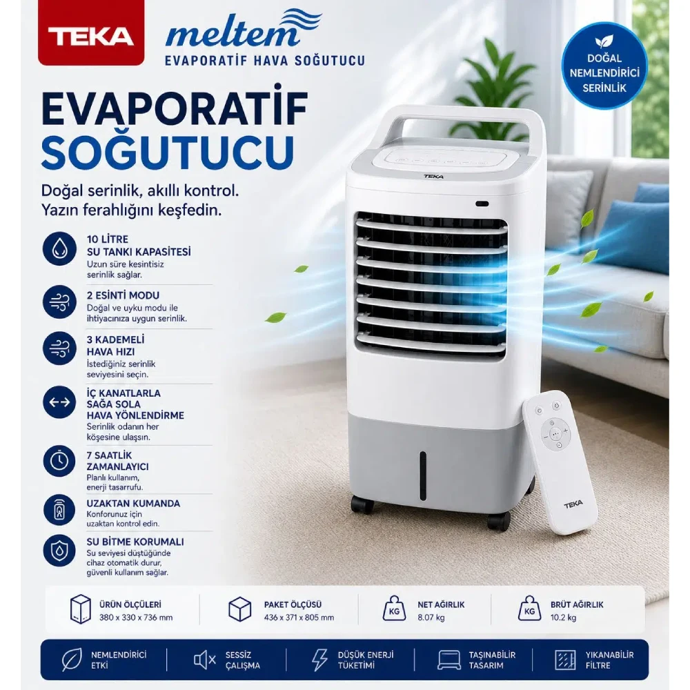 Teka Meltem Evaporatif Hava Soğutucu Havadar 10L Su Tanklı Kumandalı