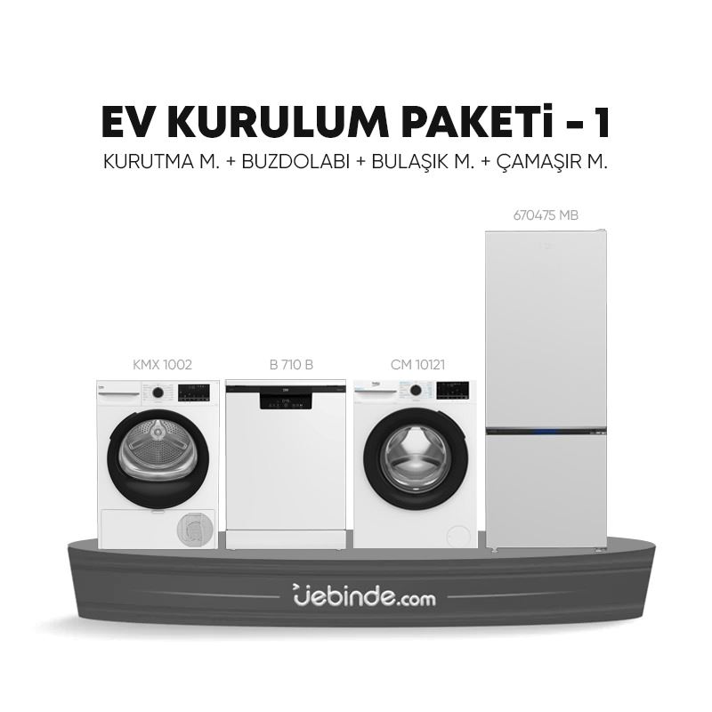 Beko Ev Kurulum Paketi - 1 (KMX 1002 Kurutma Makinesi + B 710 B Bulaşık Makinesi + CM 10121 Çamaşır Makinesi + 670475 MB Buzdolabı)